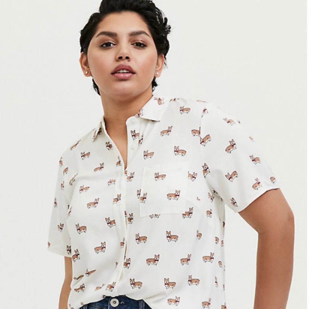 NWT TORRID White Corgi Challis Button Front Shirt